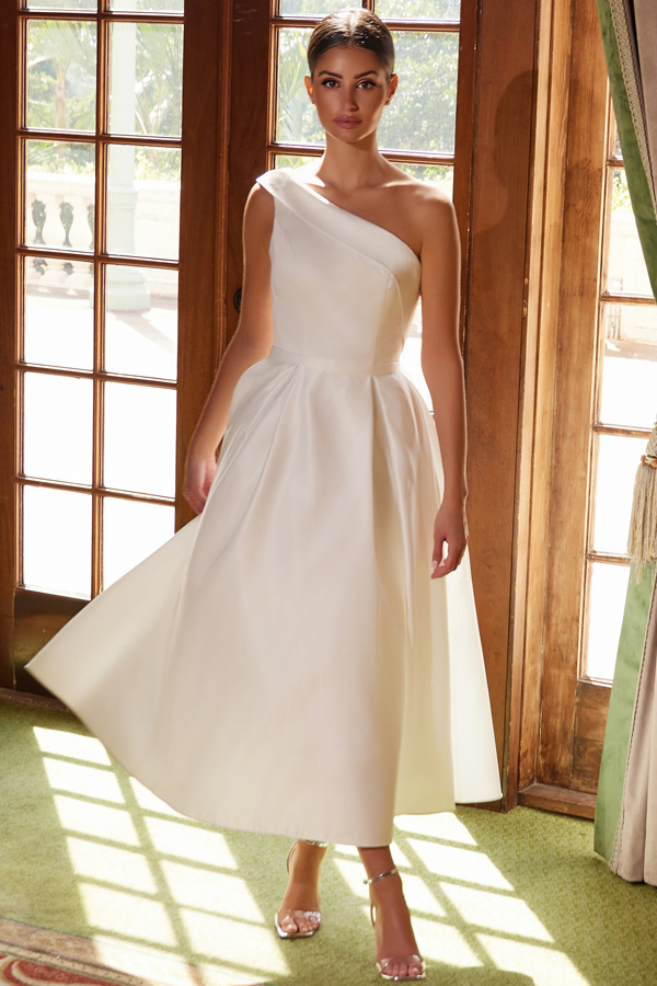 One Shoulder Midi Wedding Dress